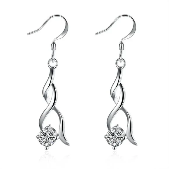 Very Cute Sterling Silver Small Twisted Drop Earrings CZ Stud " Hypoallergenic " - Picture 5 of 6
